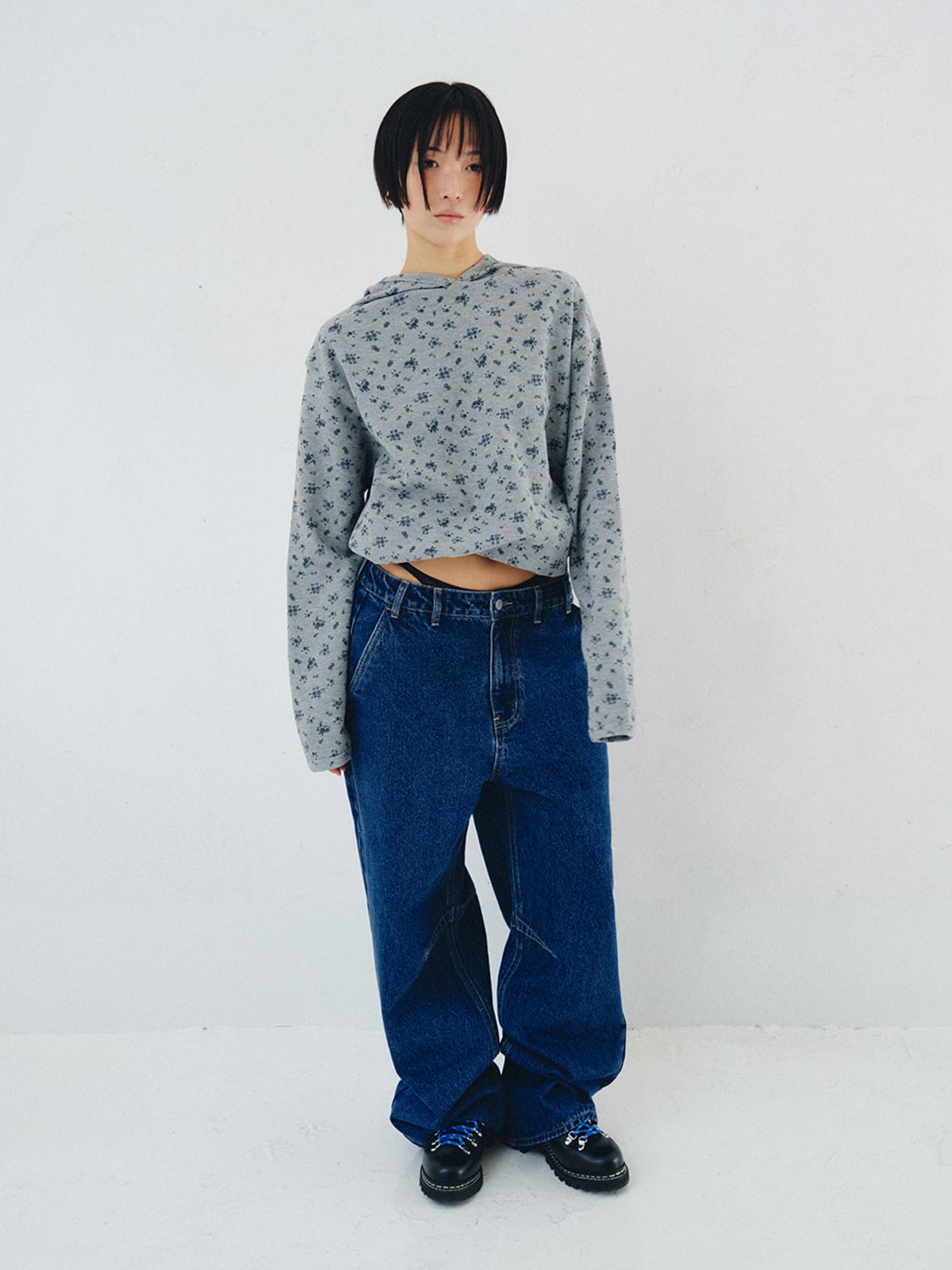 플리즈프로젝트(PLZPROJECT) WAFFLE HOOD, FLORAL GRAY
