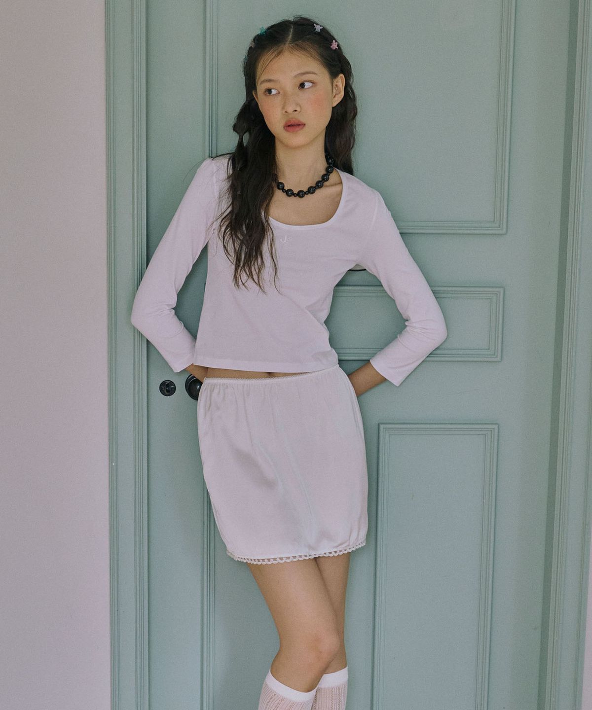 준준스페이스(JUNEJUNE SPACE) 3/4 sleeve logo tee_Off White(3/4 소매 로고 티셔츠_오프 화이트)