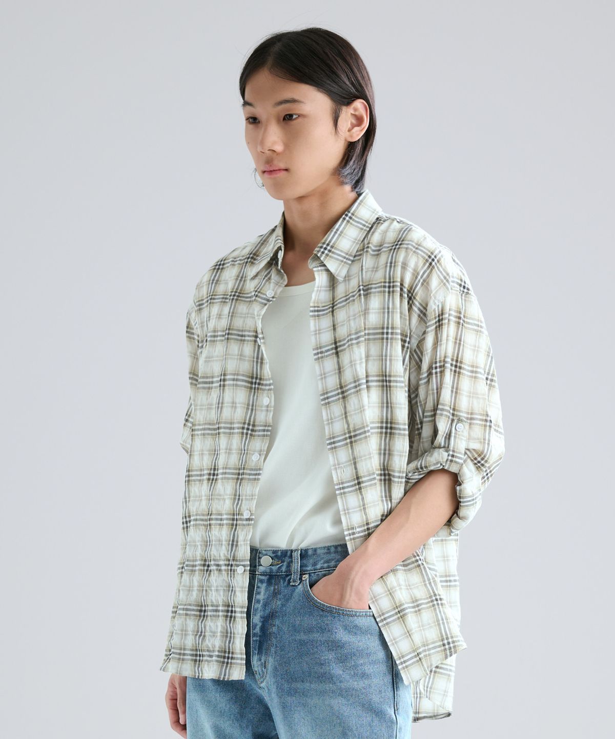 지플리시(ZPLISH) 썸머 체크 오버셔츠 화이트