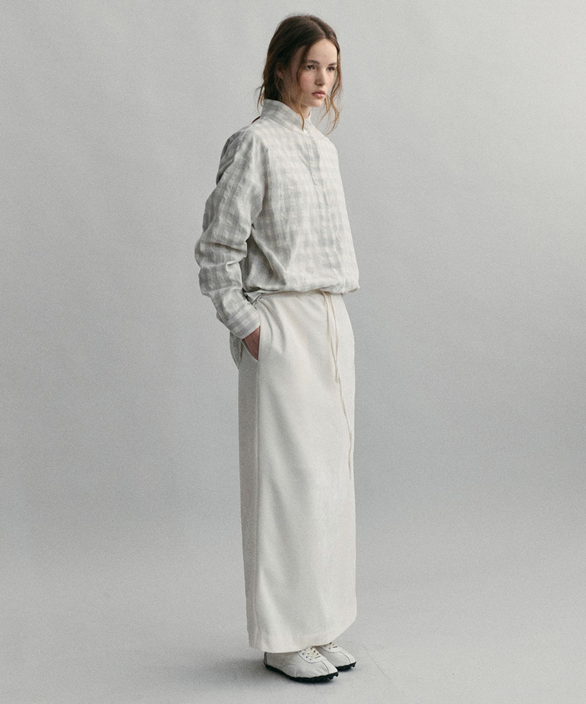아우브아워(AUBOUR) high neck hidden shirt (pearl check)_japan fabric