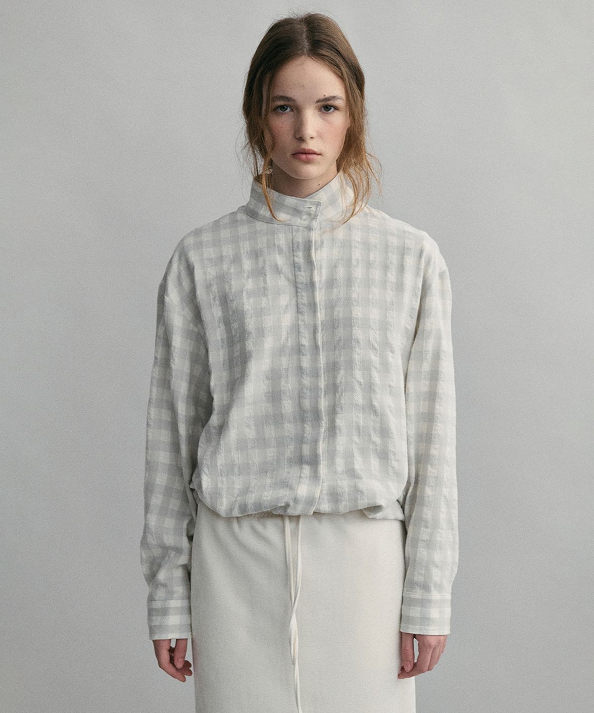 아우브아워(AUBOUR) high neck hidden shirt (pearl check)_japan fabric