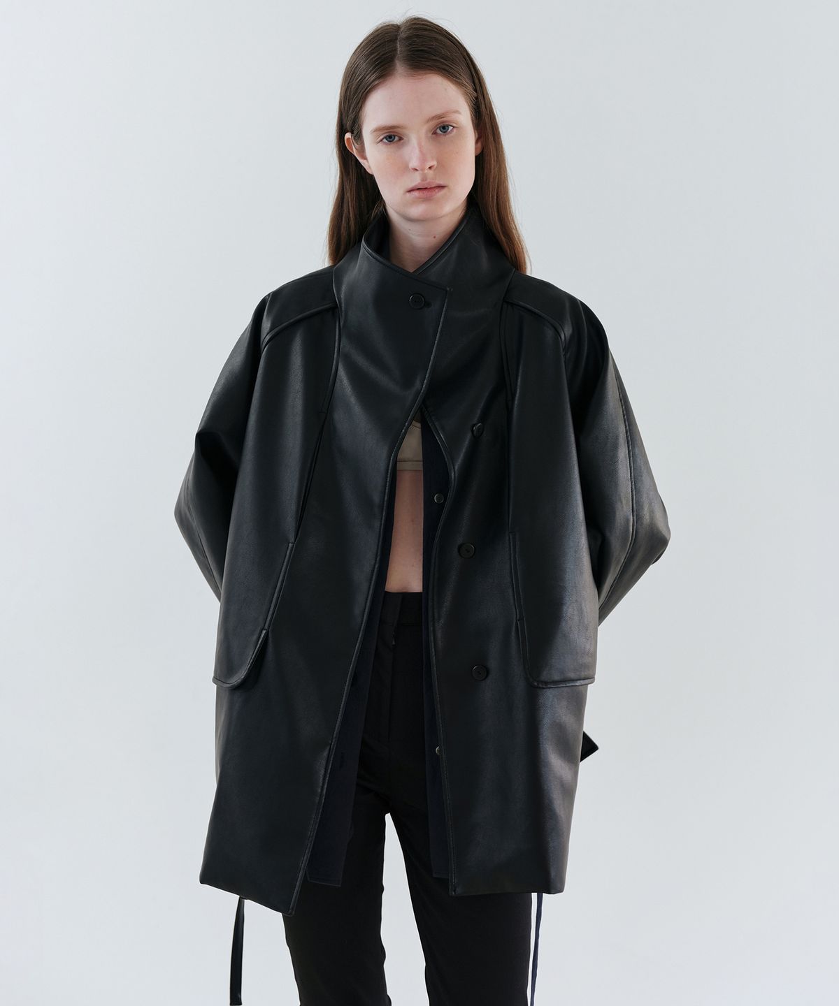 아우브아워(AUBOUR) vent half trench coat (leather black)