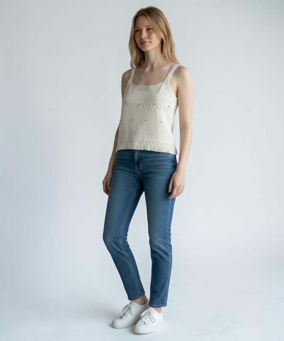본슬리피(BORN SLIPPY) Pearl Stud Essential Knit Cami (Ivory)