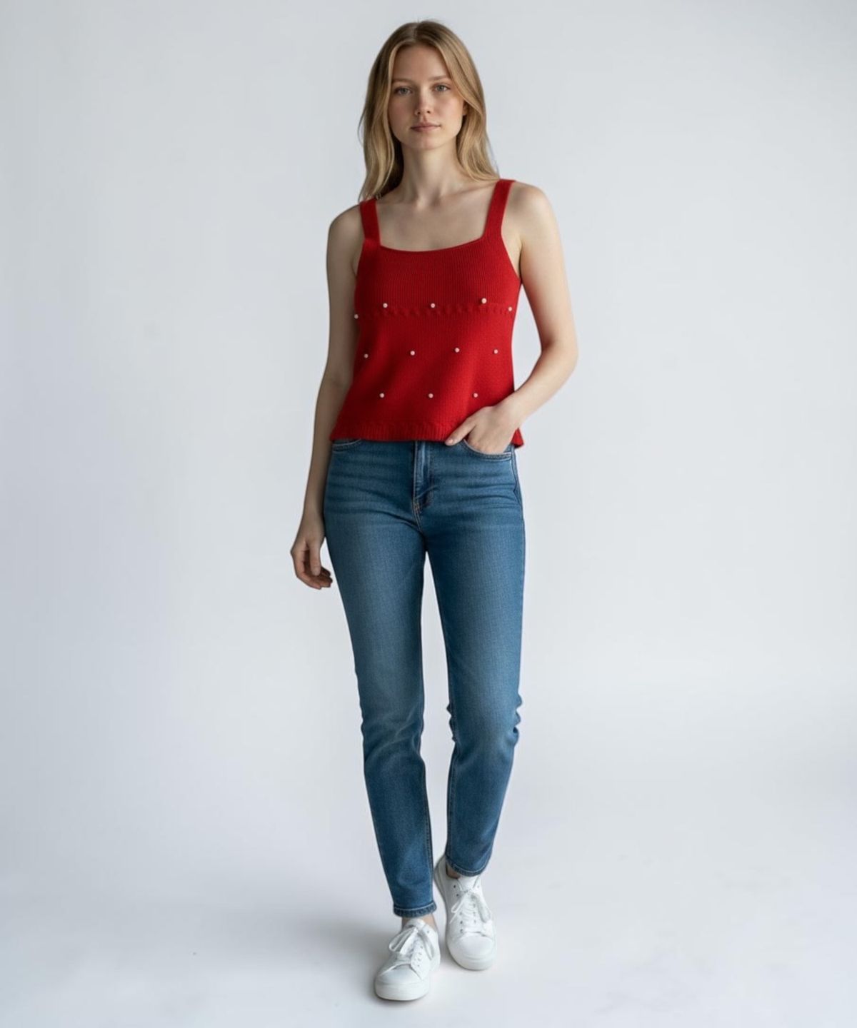 본슬리피(BORN SLIPPY) Pearl Stud Essential Knit Cami (Red)