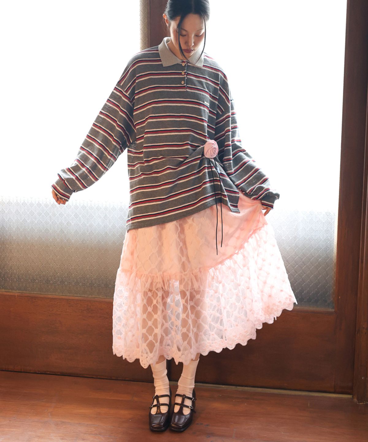 소르디(SORDI) Mesh Layered Skirt_pink