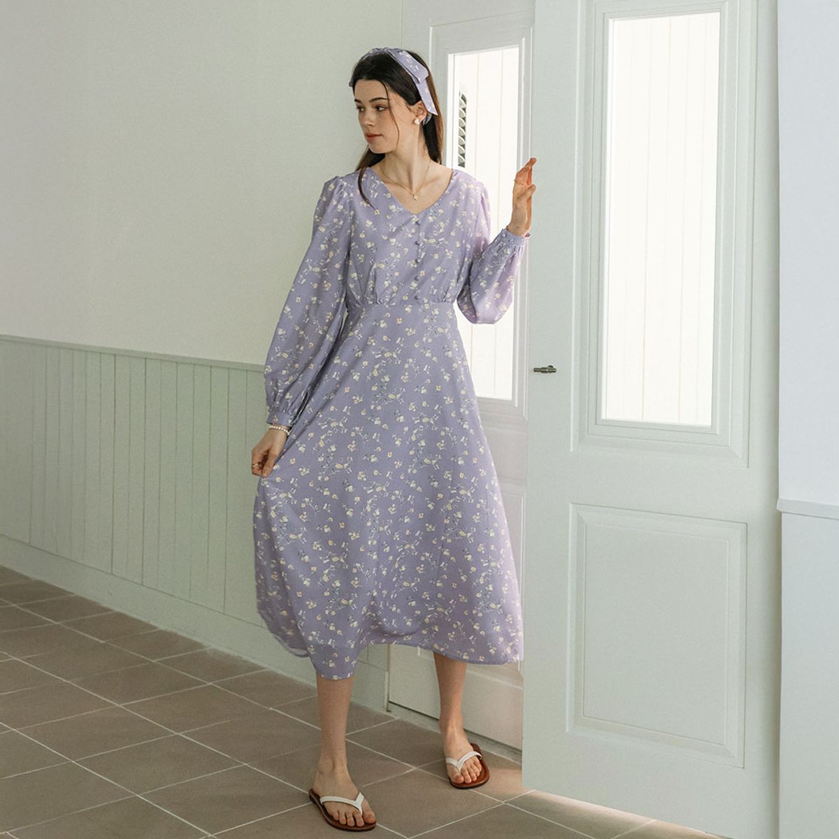 던드롭(DUNDROP) DD_Floral tie neck dress_PURPLE
