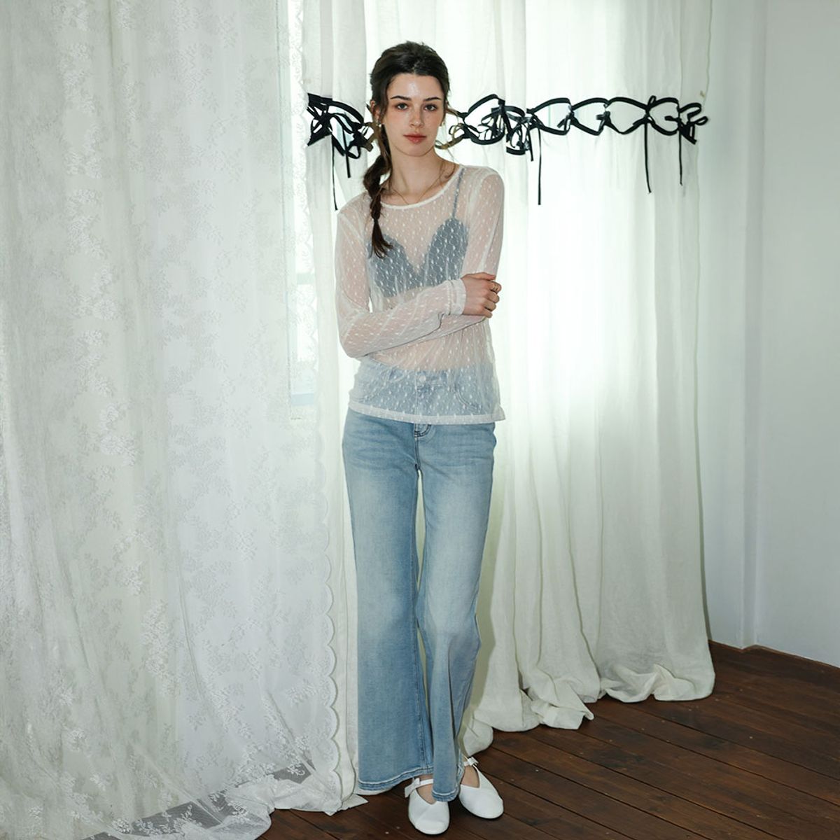 던드롭(DUNDROP) DD_Mesh dot long sleeve top_IVORY