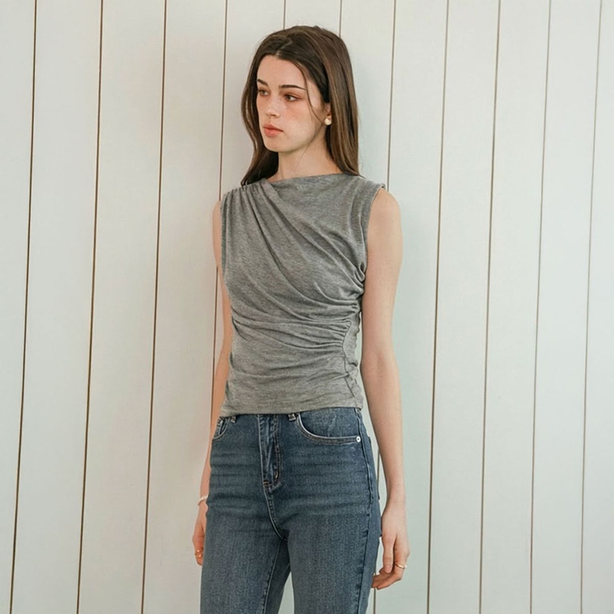 던드롭(DUNDROP) DD_Shirring drape sleeveless top_3color
