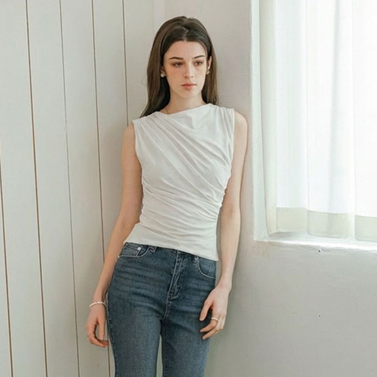 던드롭(DUNDROP) DD_Shirring drape sleeveless top_3color