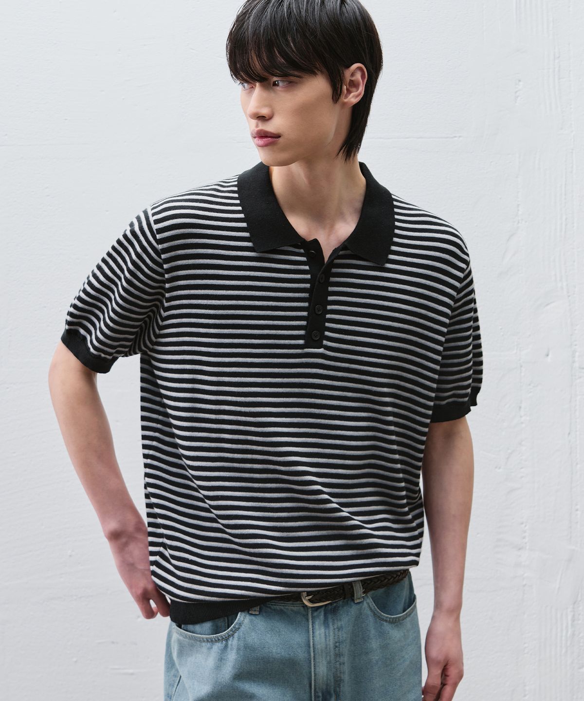 드로우핏(DRAW FIT) 리포즈 스트라이프 폴로 니트 [BLACK]