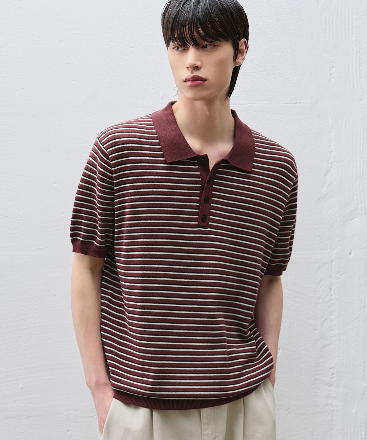 드로우핏(DRAW FIT) 리포즈 스트라이프 폴로 니트 [BURGUNDY]