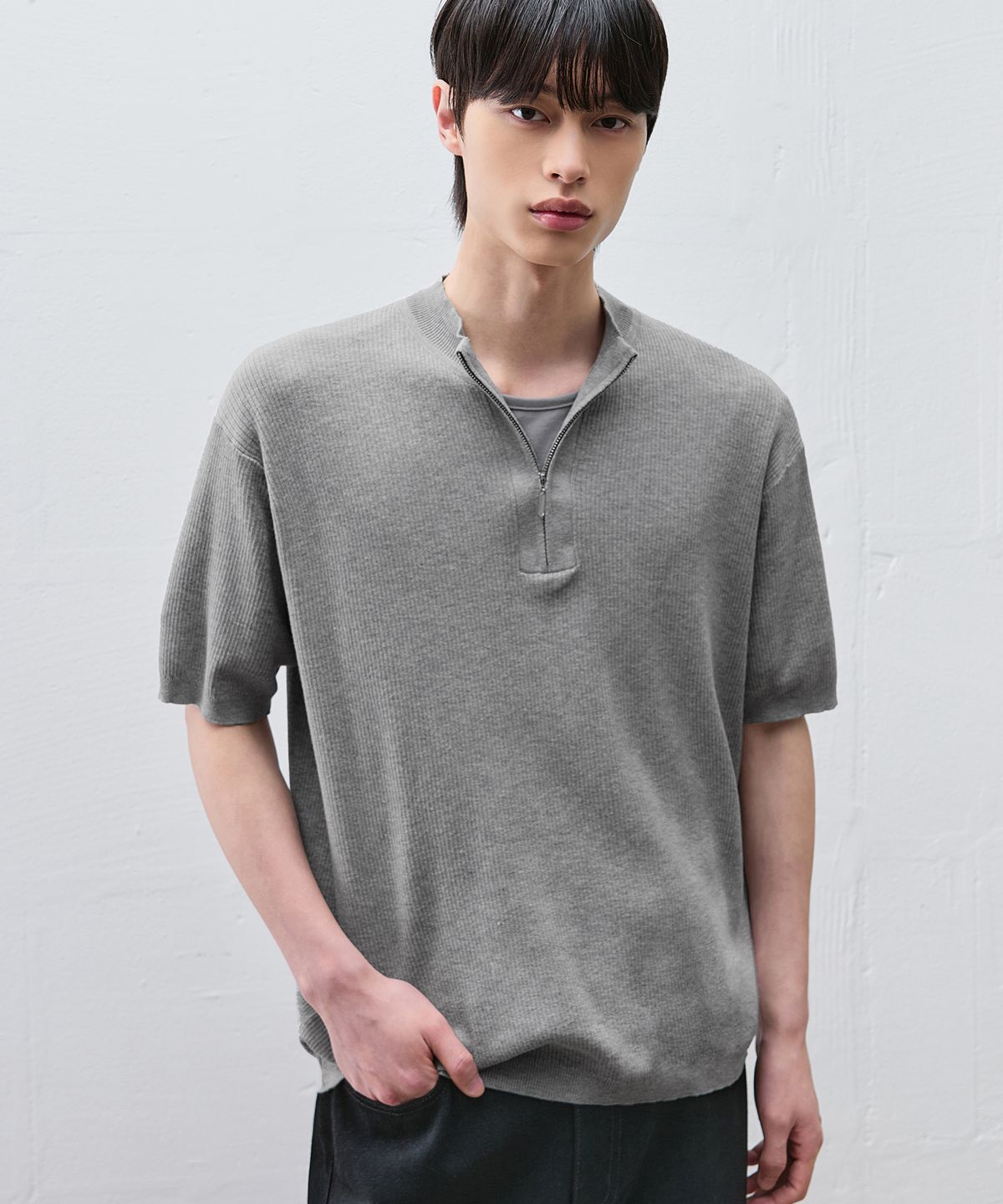 드로우핏(DRAW FIT) 어베인 리브드 하프 집업 니트 [MELANGE GREY]