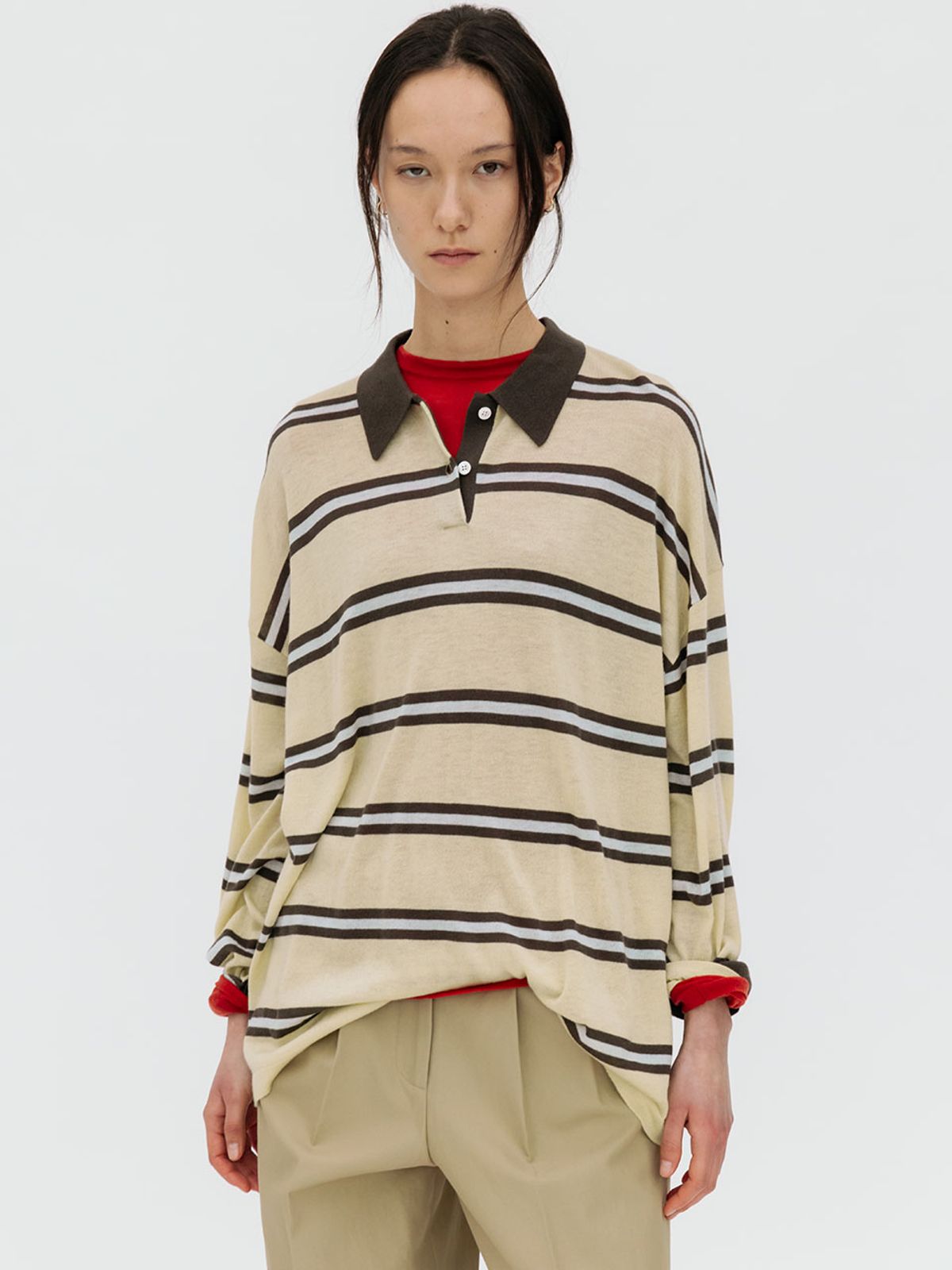 르비에르(LVIR) STRIPE OVER-FIT COLLAR KNIT (LIGHT YELLOW)