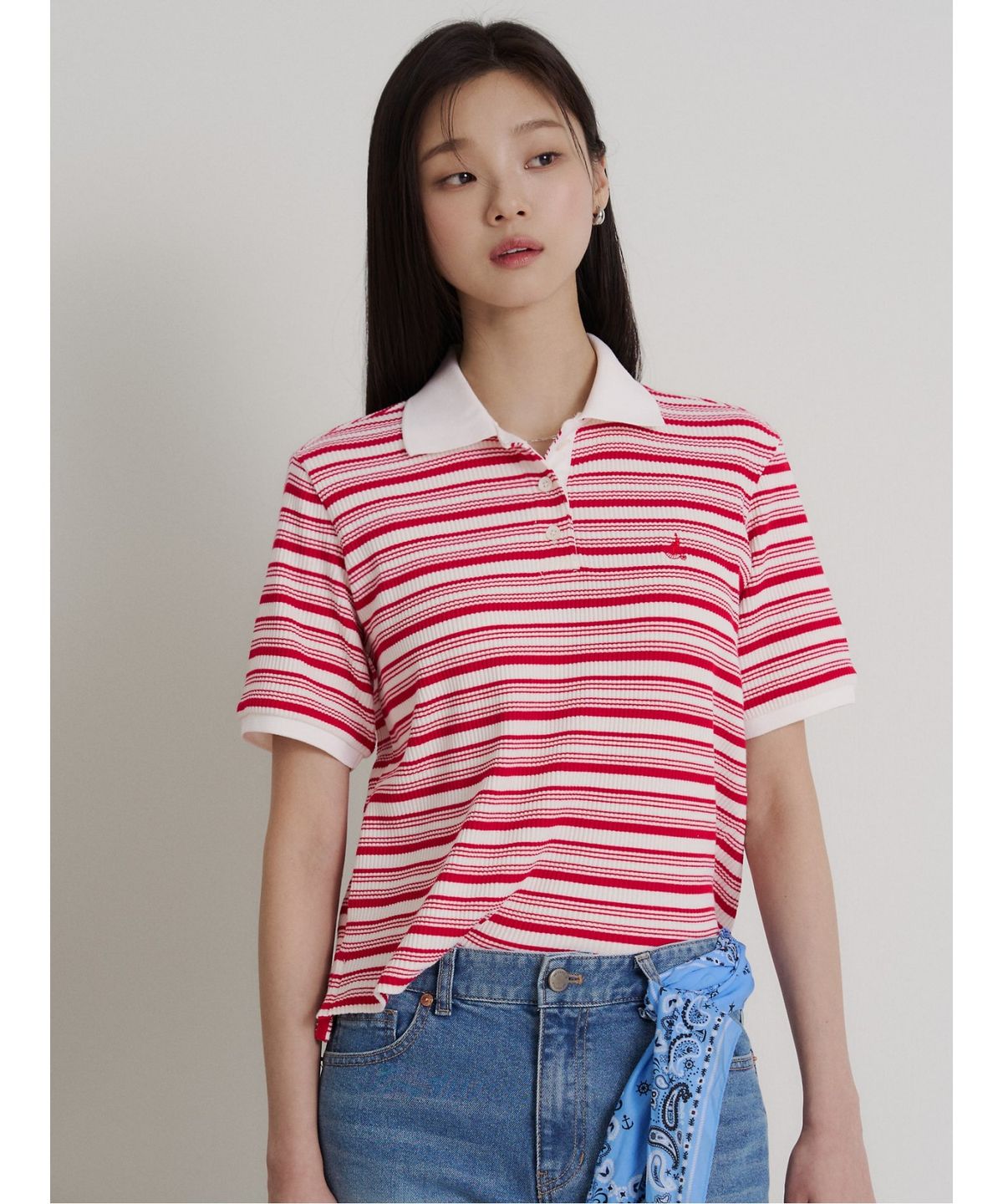 빈폴 레이디스(BEANPOLE LADIES) 골지 스트라이프 반소매 폴로 탑  레드 (BF6442C136)