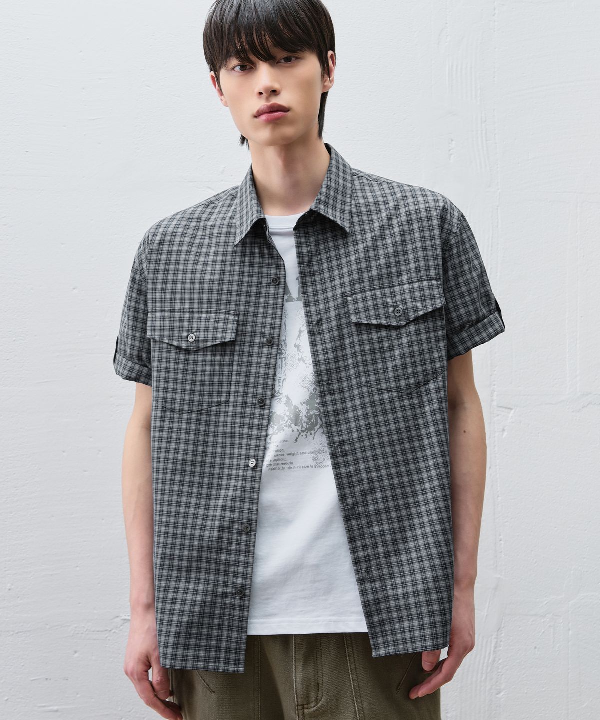 드로우핏(DRAW FIT) 라크 롤업 체크 하프 셔츠 [BLUE GREY]