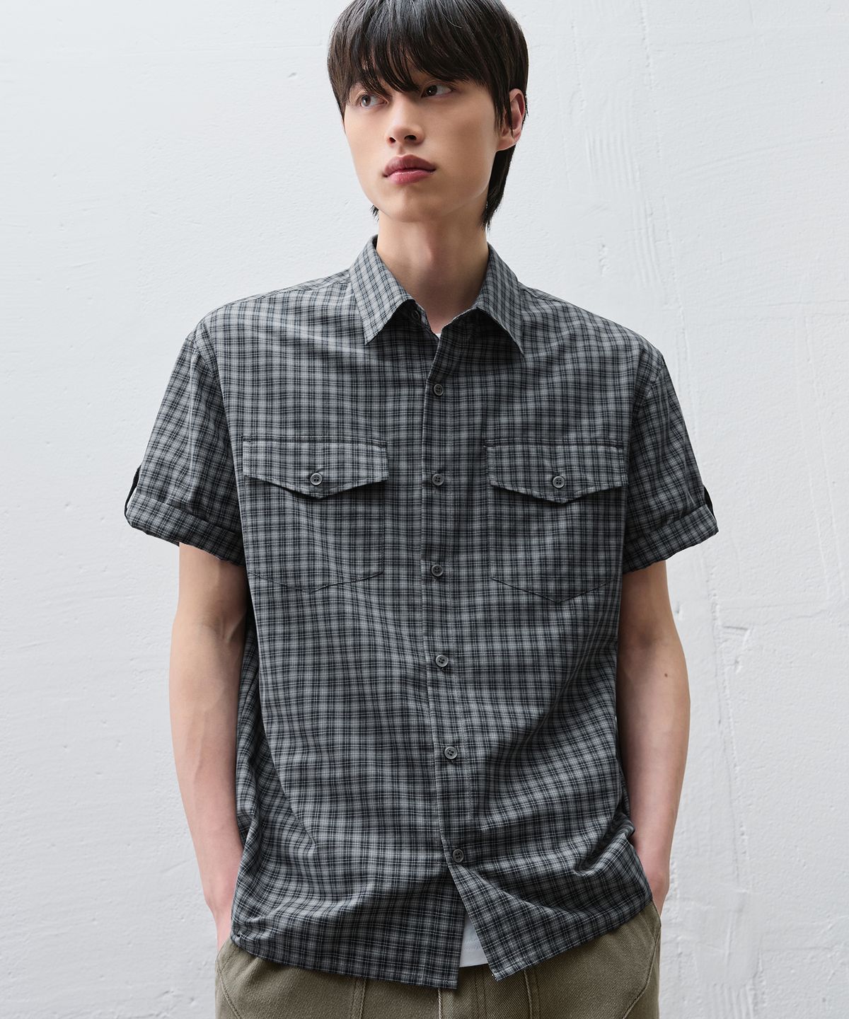 드로우핏(DRAW FIT) 라크 롤업 체크 하프 셔츠 [BLUE GREY]