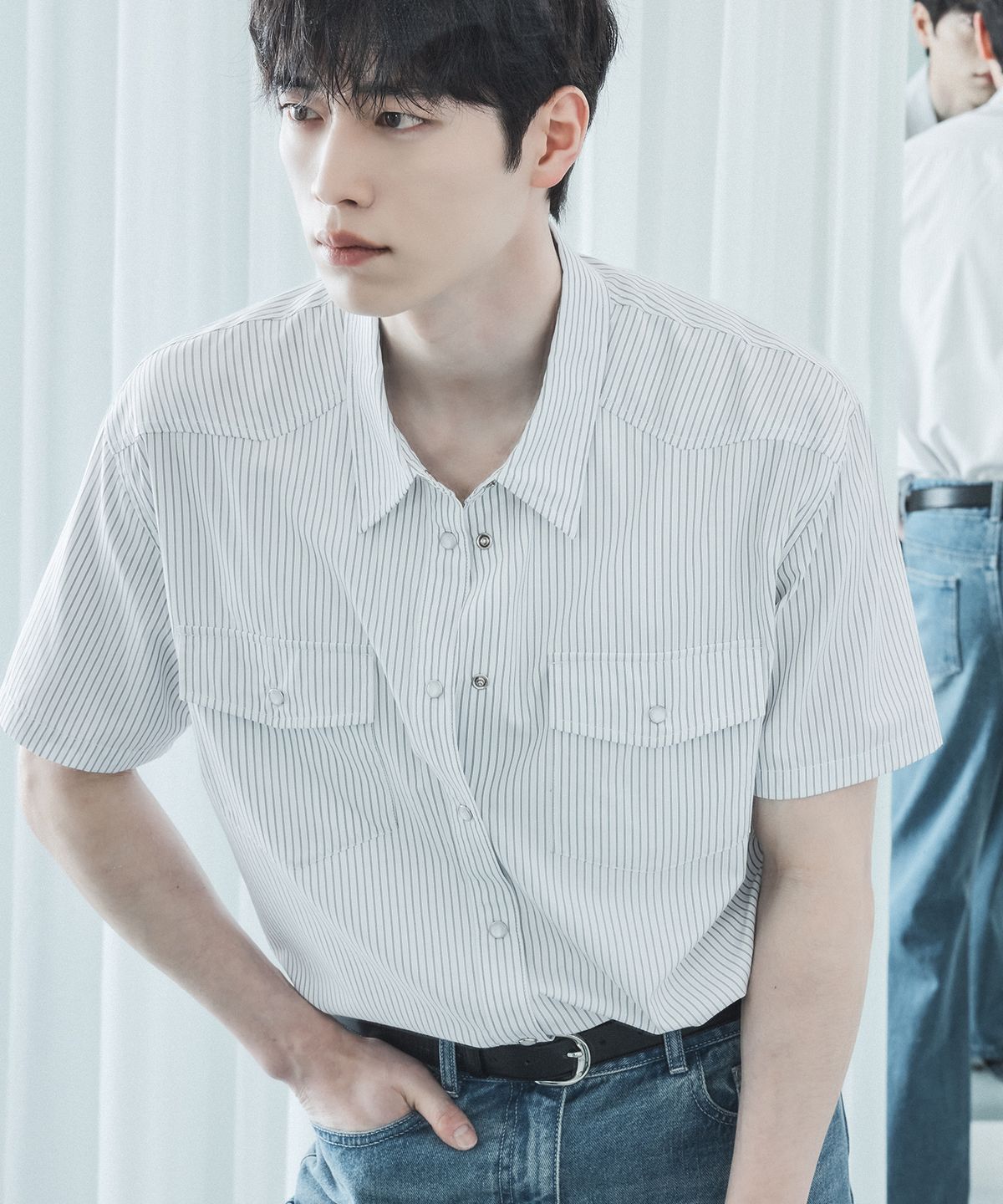 드로우핏(DRAW FIT) 세이건 스트라이프 하프 웨스턴 셔츠 [WHITE]