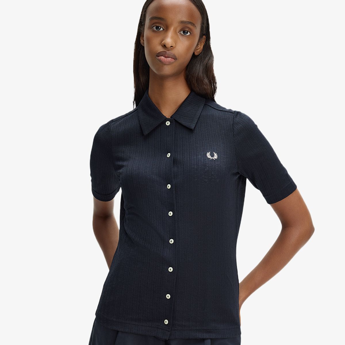 프레드페리(FRED PERRY) [Womens] 버튼 스루 시어 립 폴로 셔츠 - 네이비 AFPF2612185-608