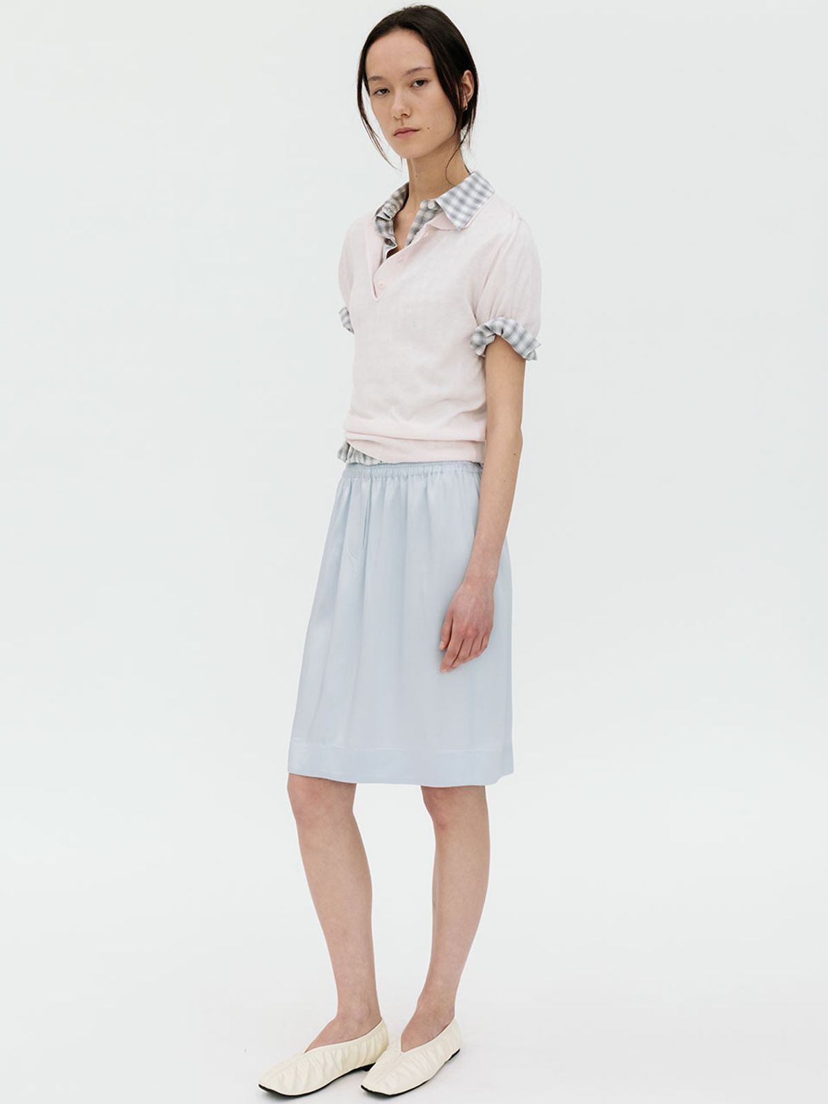 르비에르(LVIR) VISCOSE SATIN BANDING SKIRT (LIGHT BLUE)
