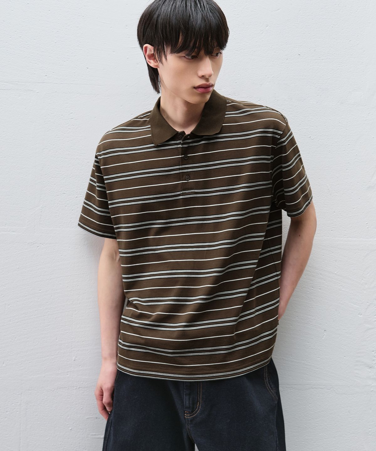 드로우핏(DRAW FIT) 스트라이프 브로드 피케 하프 티셔츠 [DARK BROWN]