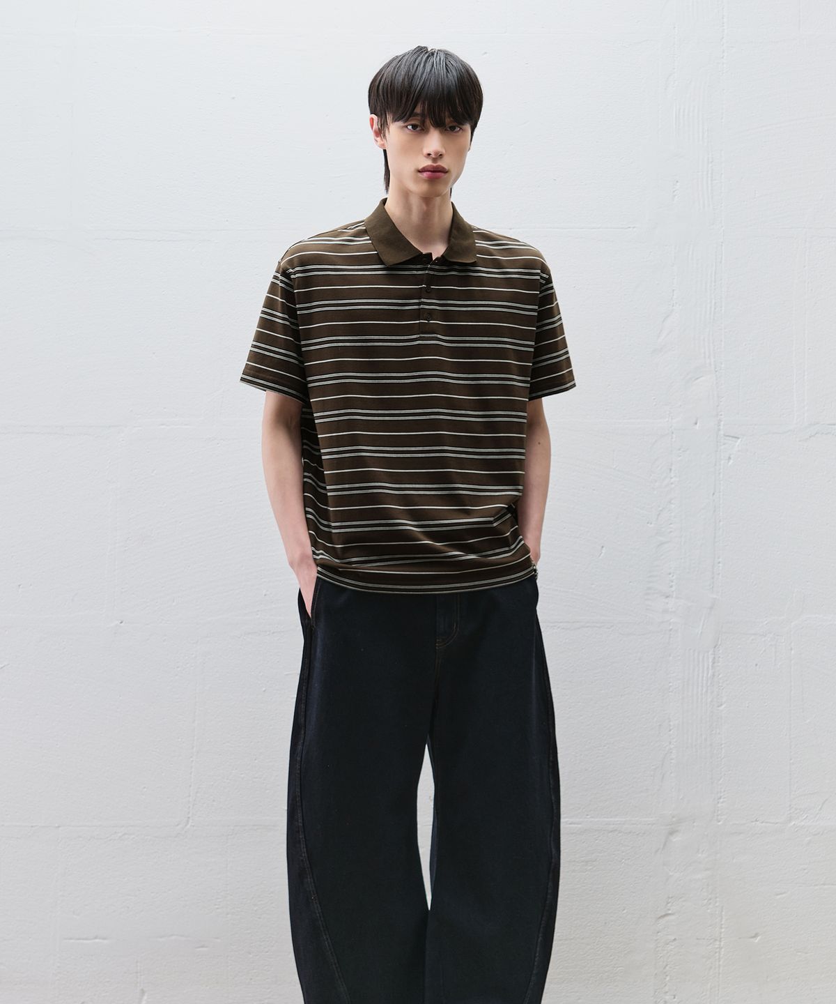 드로우핏(DRAW FIT) 스트라이프 브로드 피케 하프 티셔츠 [DARK BROWN]