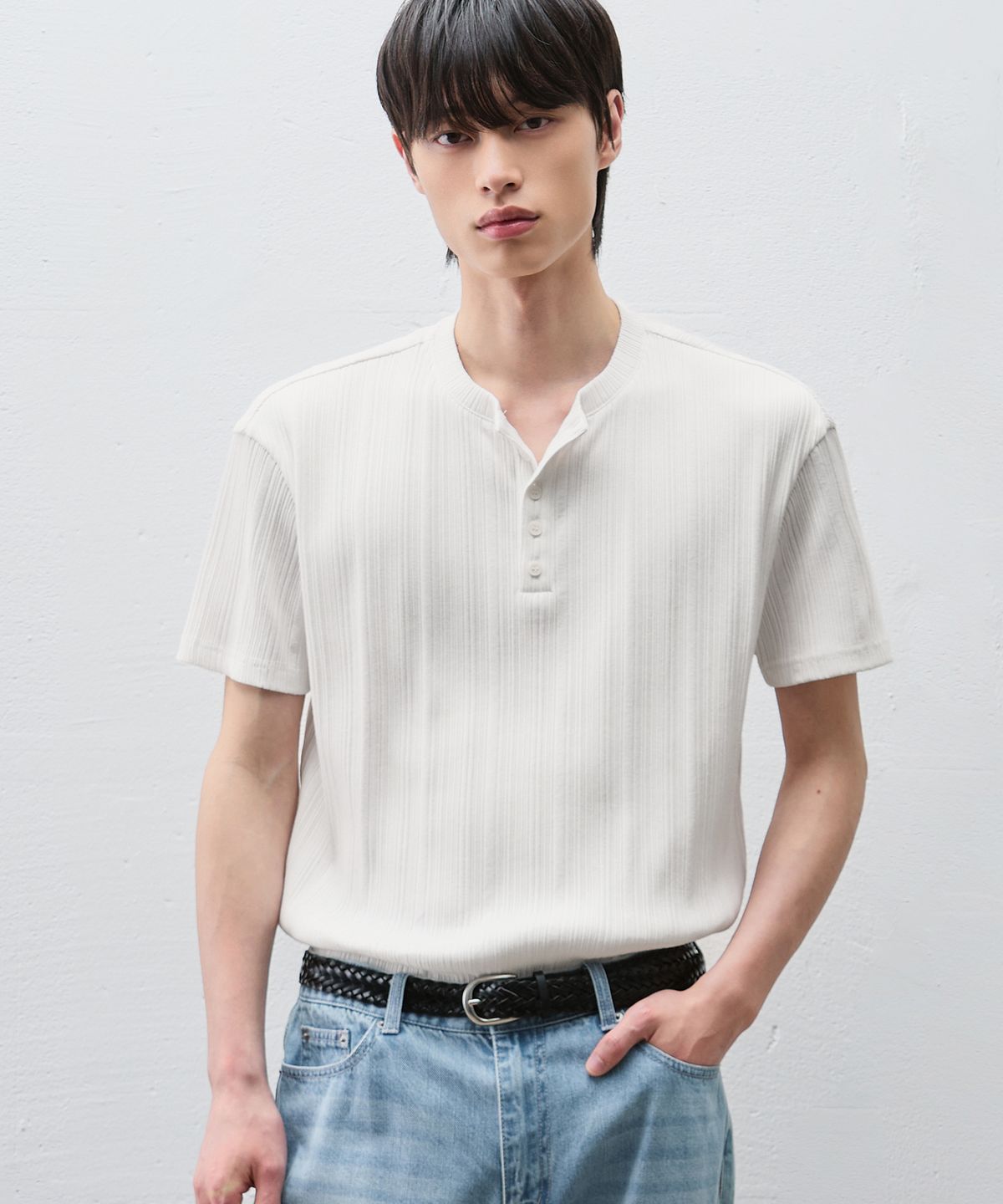 드로우핏(DRAW FIT) 파인 리브드 헨리넥 하프 티셔츠 [IVORY]