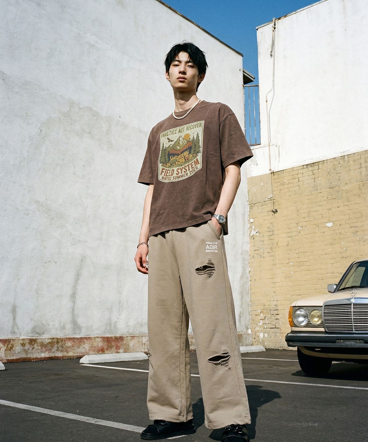 랑가주망(LENGAGEMENT) Field System Salt Wash Crop Short Sleeve T-Shirt (Mocha)