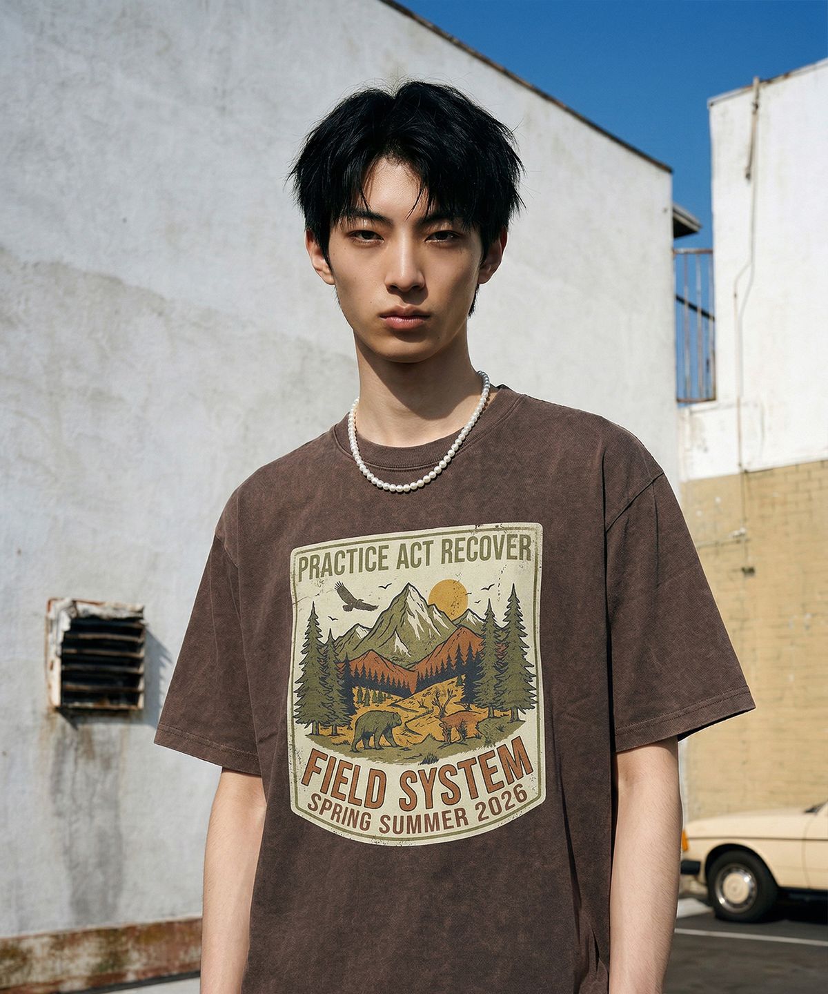 랑가주망(LENGAGEMENT) Field System Salt Wash Crop Short Sleeve T-Shirt (Mocha)