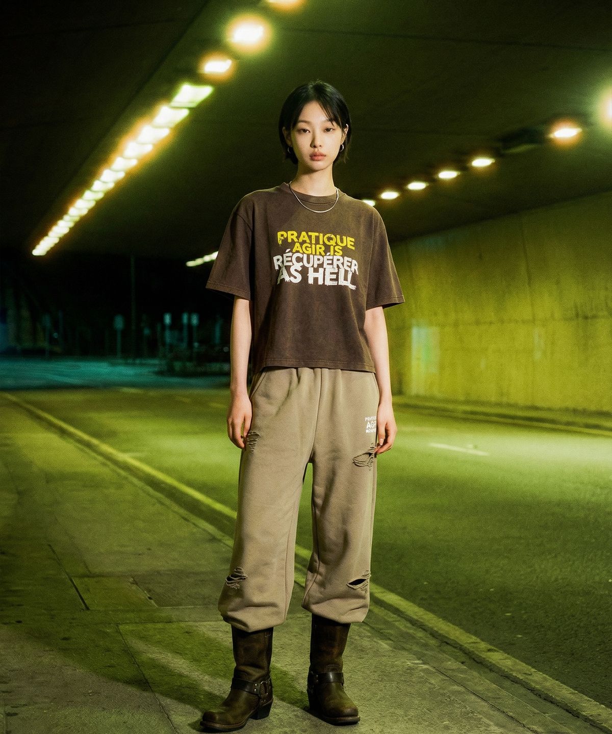 랑가주망(LENGAGEMENT) Hell Raising Salt Wash Crop Short Sleeve T-Shirt (Mocha)