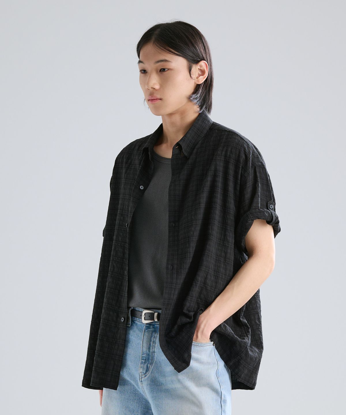 지플리시(ZPLISH) 하프 롤업 체크 셔츠 블랙