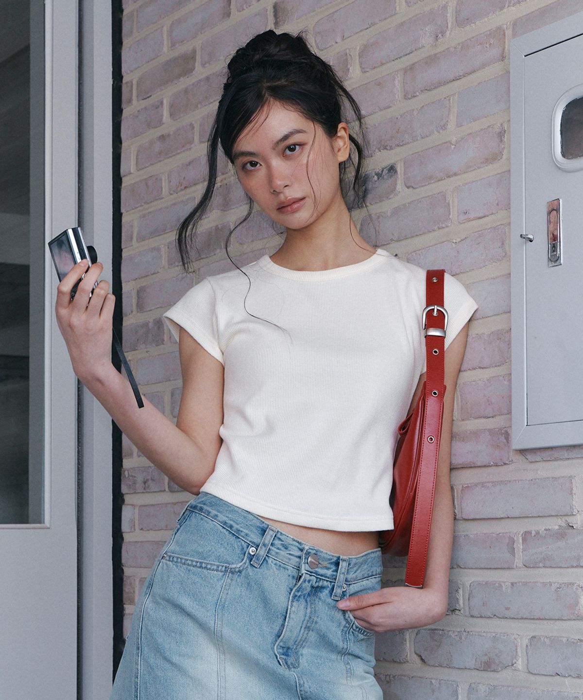 큐리티(CURETTY) C 90S LINE WAFFLE BASIC T-SHIRT_CREAM