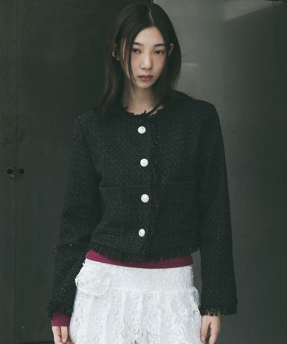 닉앤니콜(NICK&NICOLE) FRINGE TRIMMING TWEED JACKET_BLACK