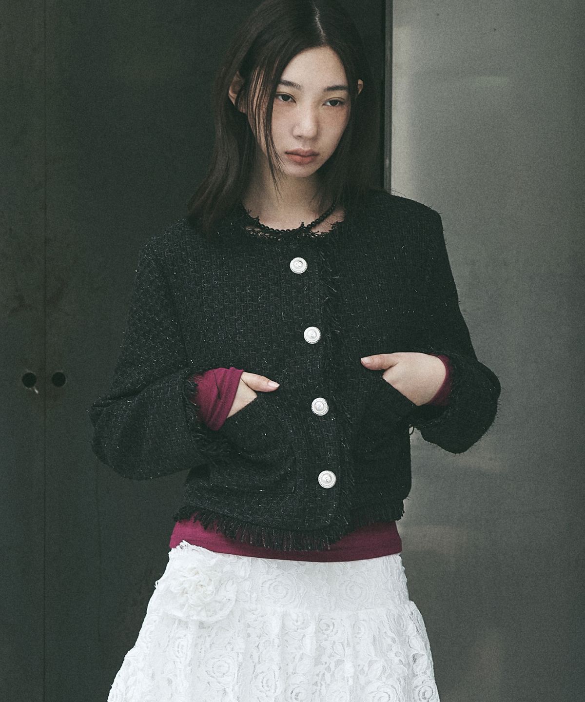 닉앤니콜(NICK&NICOLE) FRINGE TRIMMING TWEED JACKET_BLACK