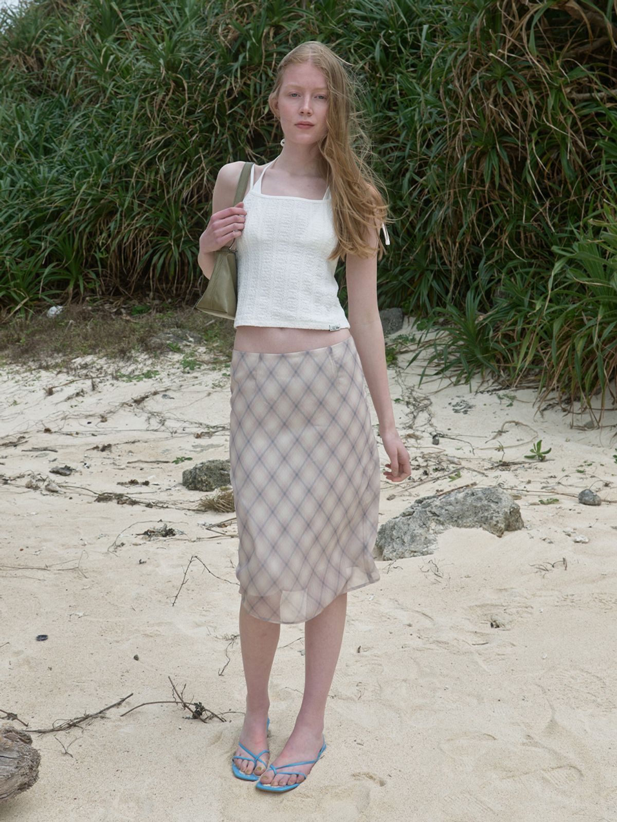 기준(KIJUN) Sheer Layered Check Skirt Dusty Pink