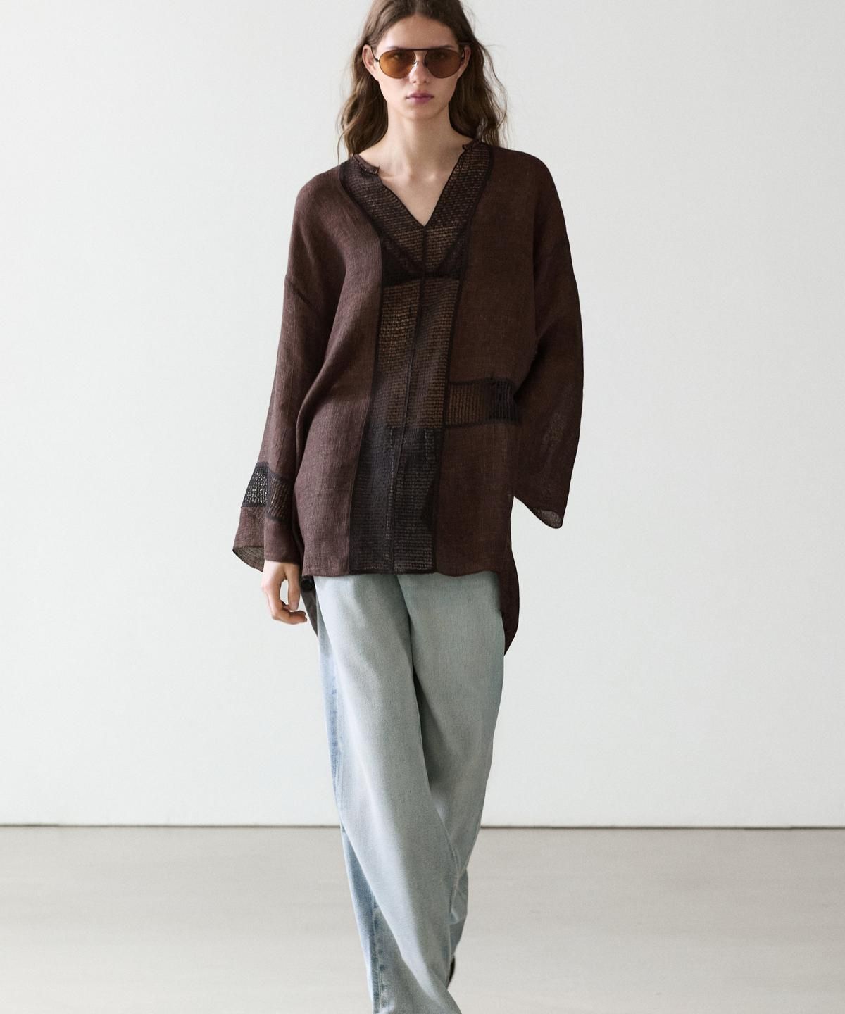 마시모두띠(MASSIMO DUTTI) 레이스 트리밍 플루이드 린넨 블렌드 블루종
