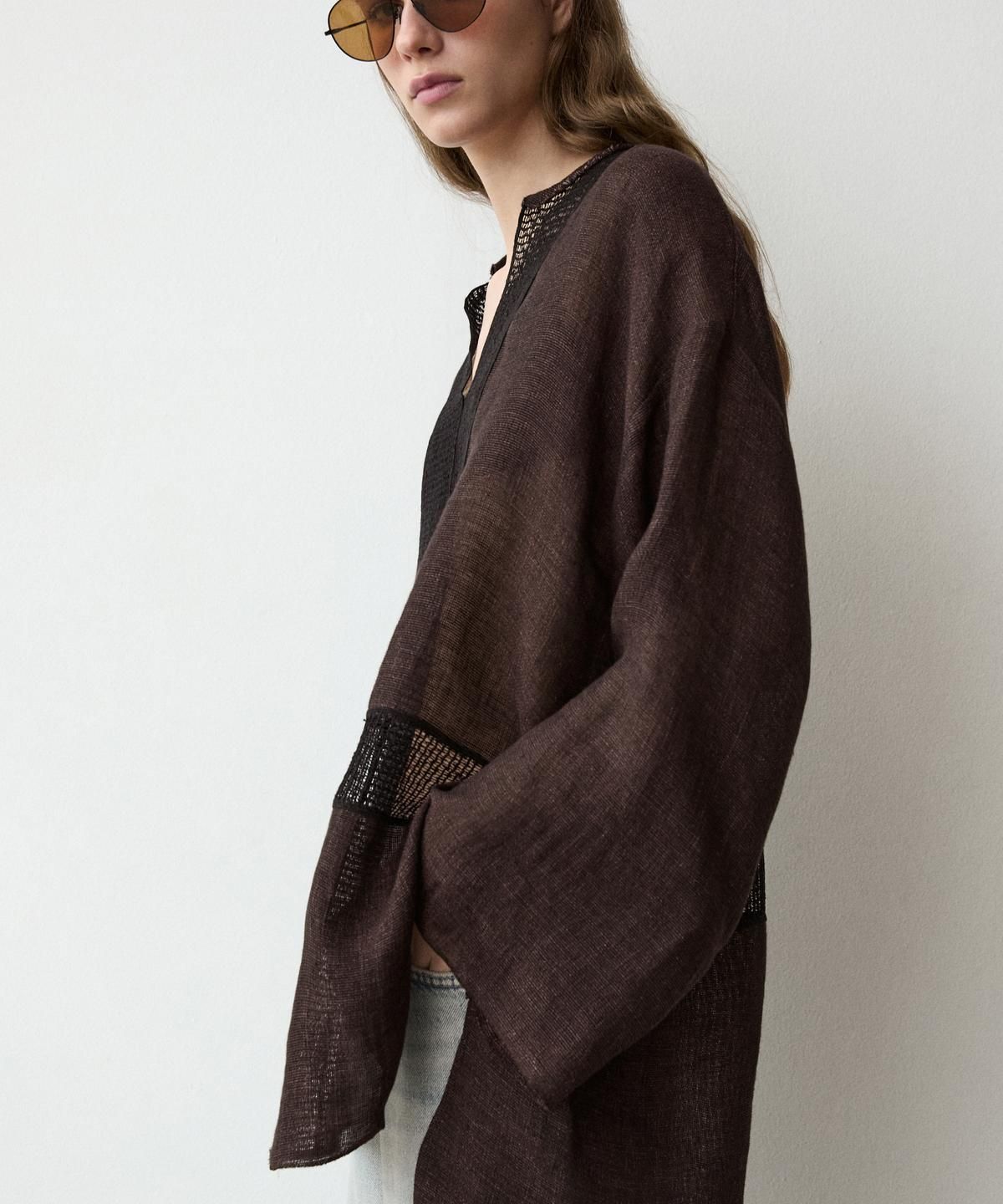 마시모두띠(MASSIMO DUTTI) 레이스 트리밍 플루이드 린넨 블렌드 블루종