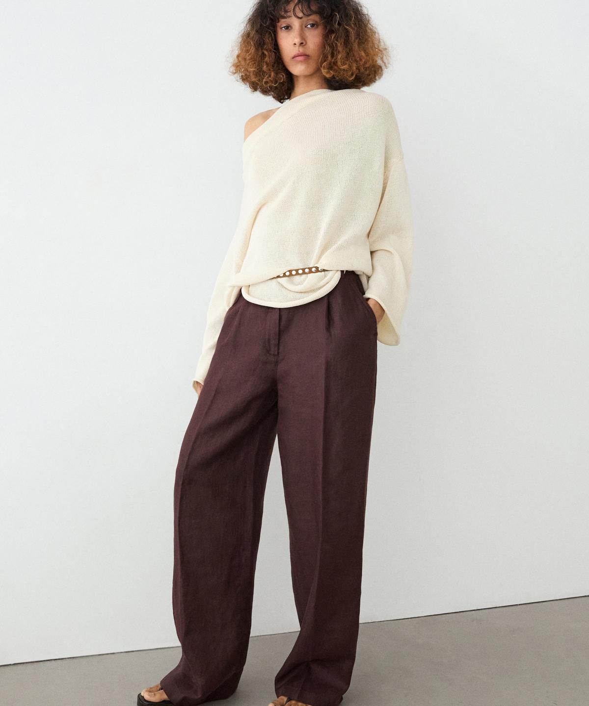 마시모두띠(MASSIMO DUTTI) 100% 린넨 와이드 레그 스트레치 팬츠