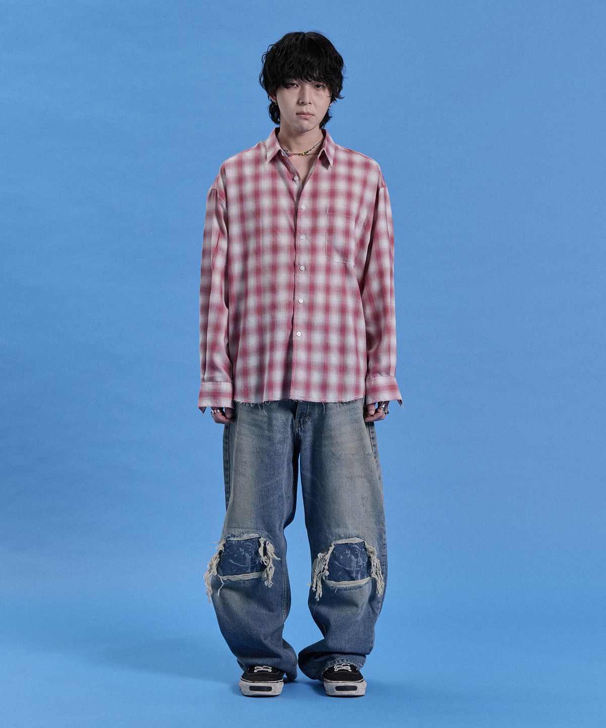 카이소(KYSO) 옴브레 체크 셔츠 빈티지 핑크