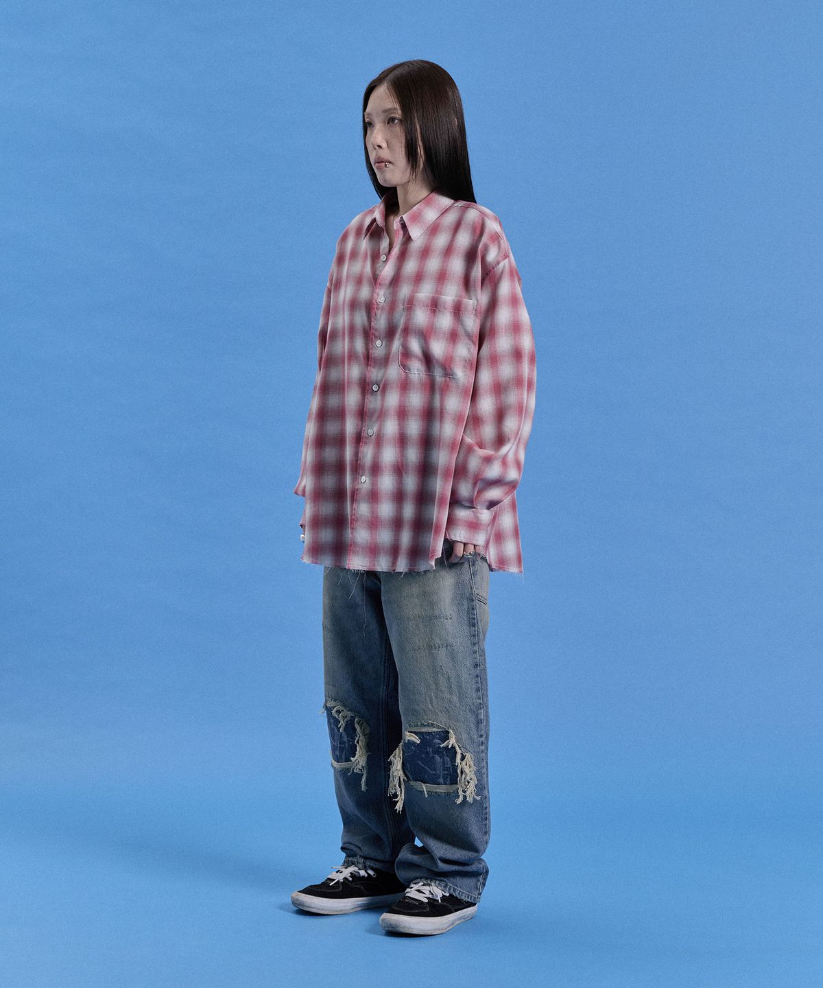 카이소(KYSO) 옴브레 체크 셔츠 빈티지 핑크