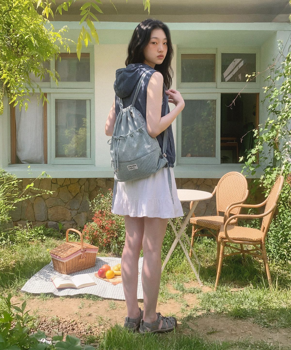 마스마룰즈(MASMARULEZ) Ribbon gym sack_Check fog blue