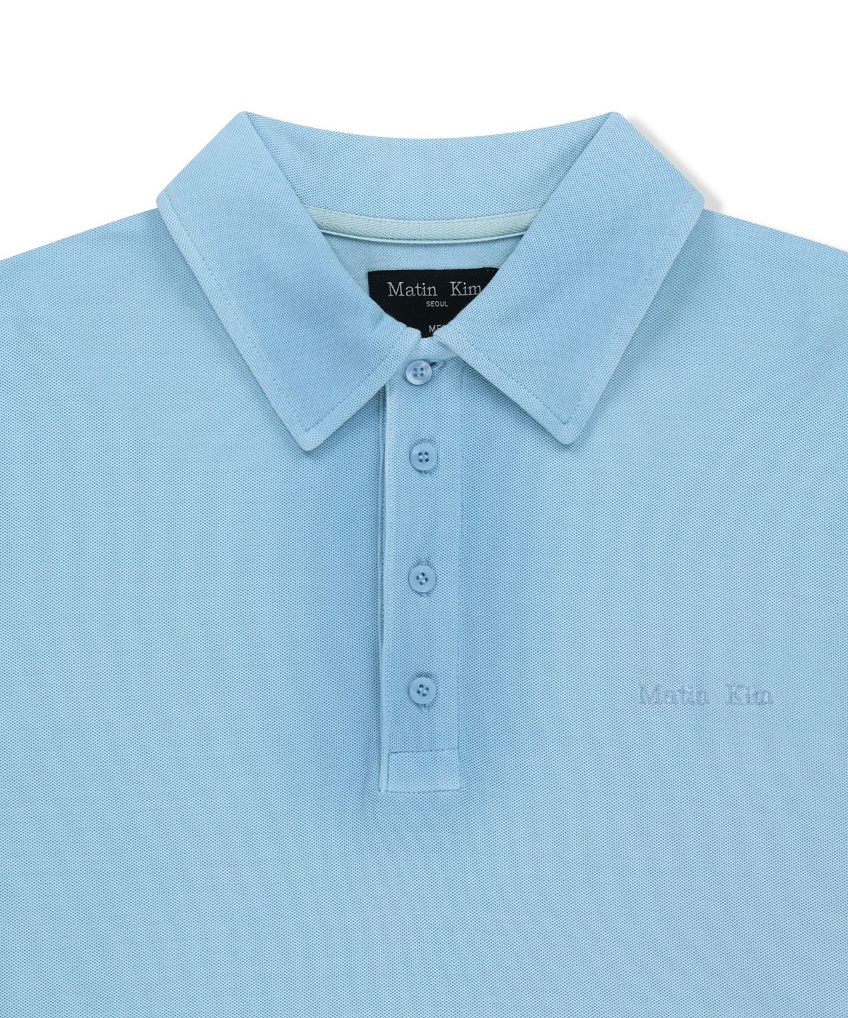 마뗑킴(MATIN KIM) SMALL LOGO WASHED PIQUE TOP FOR MEN IN BLUE