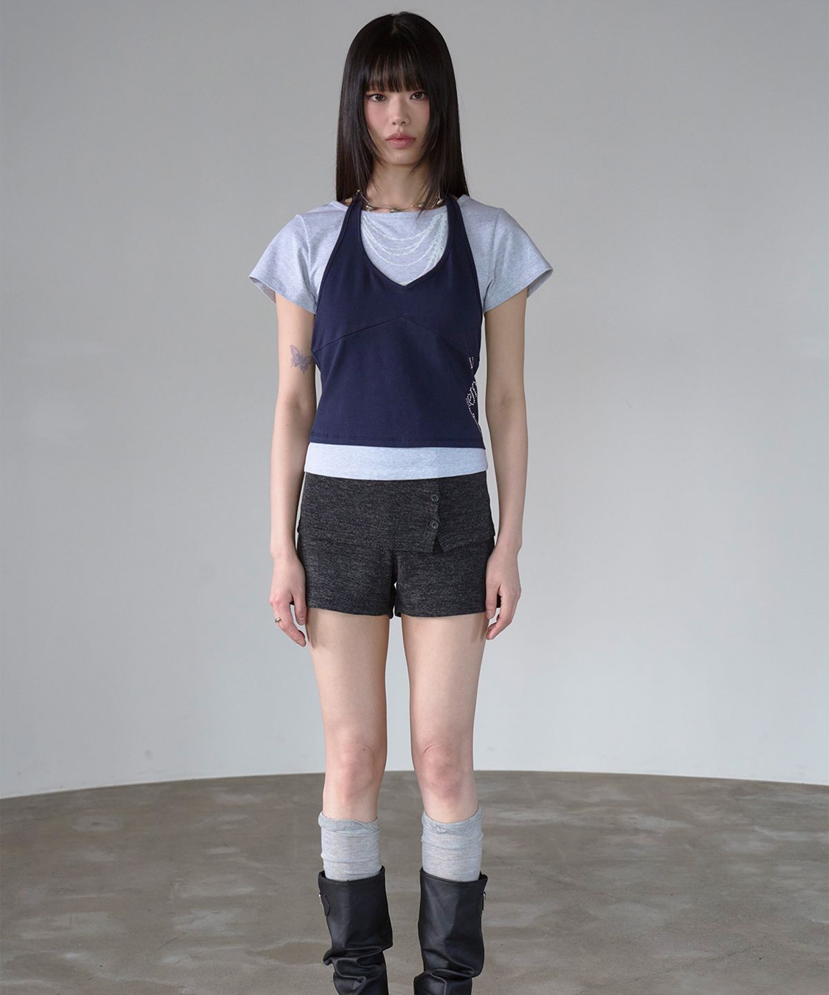 프렌다(PRENDA) CURVED LAYERED GRAPHIC TOP NAVY