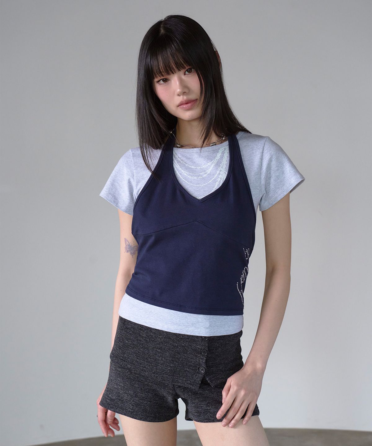 프렌다(PRENDA) CURVED LAYERED GRAPHIC TOP NAVY