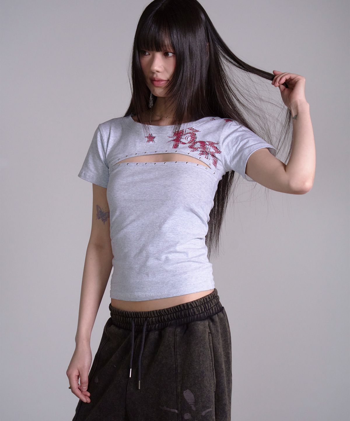 프렌다(PRENDA) CUT OUT STAR STUD TEE GRAY