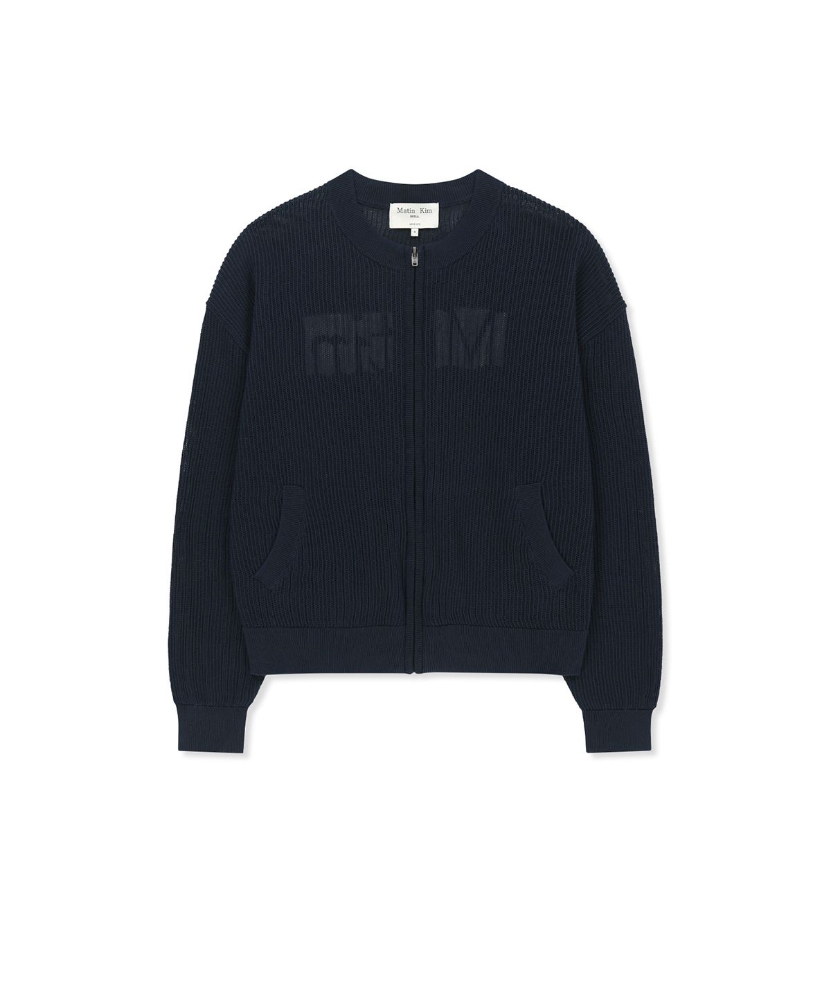 マーティン キム　BACK LOGO JACQUARD KNIT MUSINSA | MATIN KIM BACK LOGO JACQUARD MESH KNIT ZIP UP IN NAVY