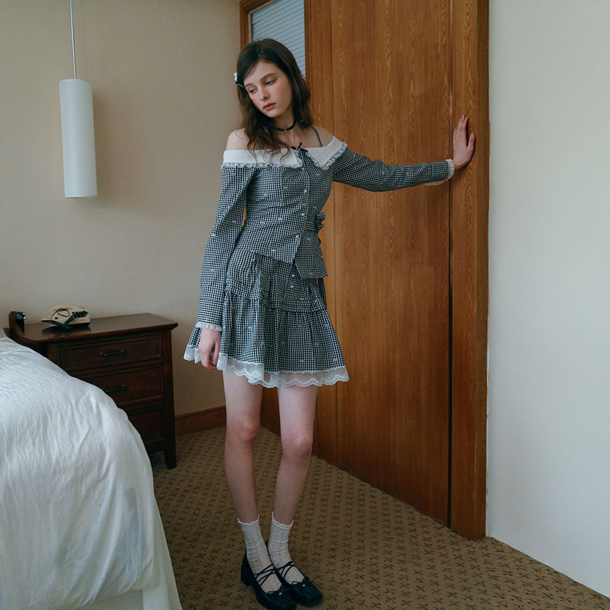 쎄무아듀(CEST MOIDEW) Cest_Check lace shirring skirt