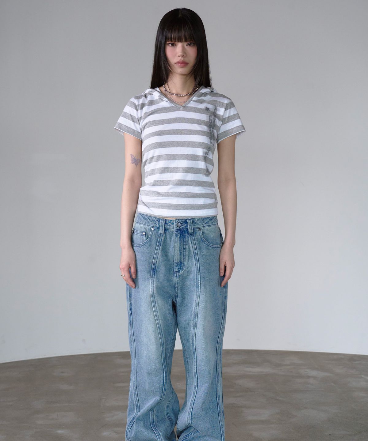 프렌다(PRENDA) LOGO STRIPE HOODIE SHORT SLEEVE IVORY