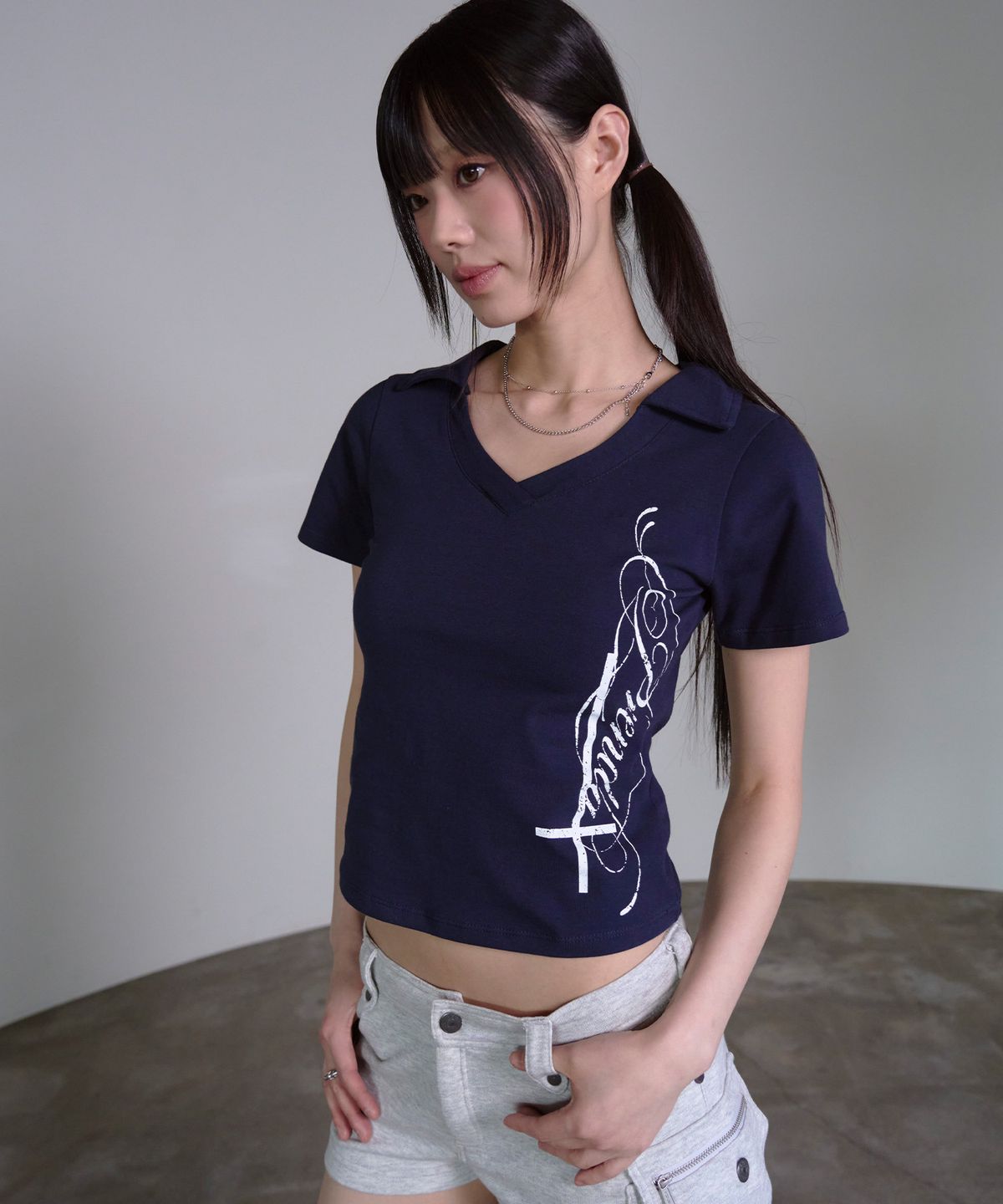 프렌다(PRENDA) SIDE CROSS POLO TOP NAVY