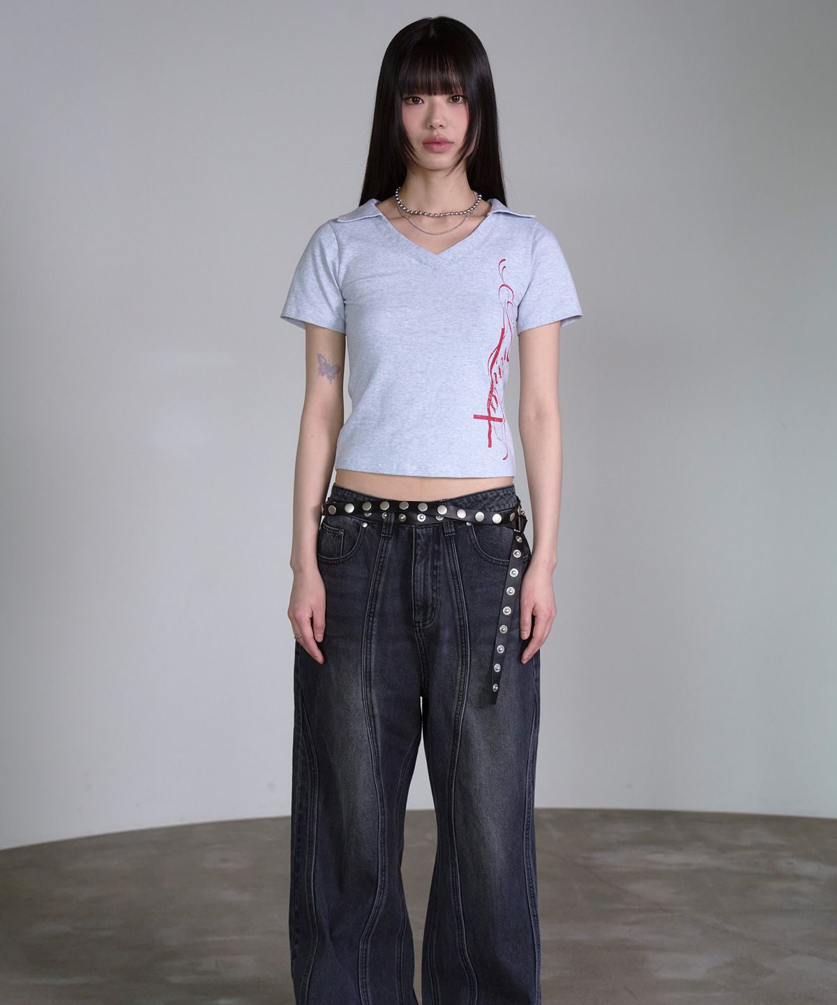 프렌다(PRENDA) SIDE CROSS POLO TOP GRAY