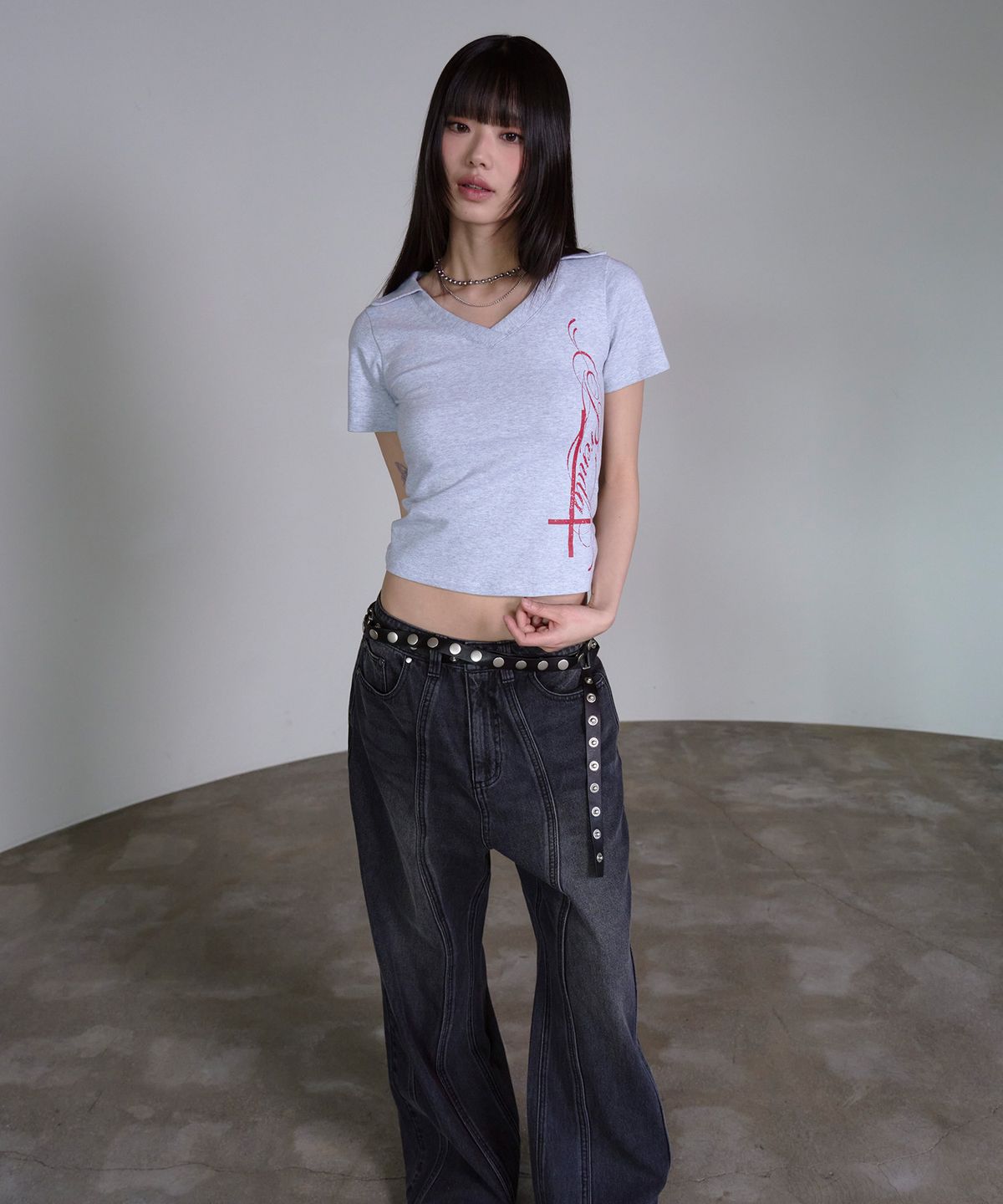 프렌다(PRENDA) SIDE CROSS POLO TOP GRAY